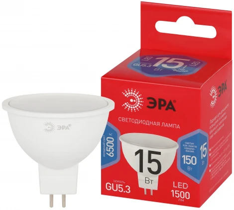 Лампочка светодиодная GU5.3 15Вт ЭРА LED MR16-15W-865-GU5.3 R LED MR16-15W-865-GU5.3 R