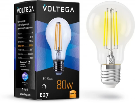 Лампочка светодиодная филаментная E27 8 Вт 740 lm 2800K теплое желтое свечение диммируемая Voltega Crystal 5489