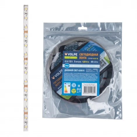 Светодиодная лента Volpe ULS-Q323 2835-60LED/m-8mm-IP65-DC12V-4,8W/m-5M-6500K катушка в герметичной упаковке