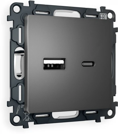 Комплект механизма Ambrella Volt розетки ALFA MA661010 Антрацит серый 2USB A+C 20W быстрая зарядка QUANT