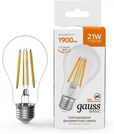 Лампочка светодиодная филаментная Gauss Filament 40712112 А70 21W 1900lm 2700К Е27 LED
