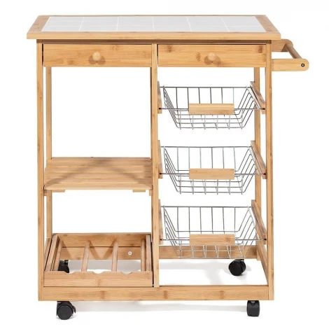 Столик передвижной кухонный разделочный (mod. JW3-2063) натуральный (прессованный бамбук/плитка)