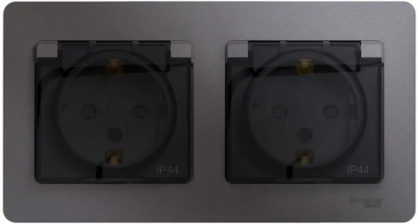 Розетка встраиваемая двойная с заземлением, шторками и крышкой (графит) IP44 Systeme Electric Glossa GSL001347