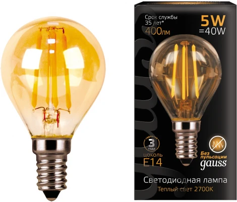 Лампочка светодиодная филаментная Gauss Filament 105801005 Шар 5W 400lm 2700К Е14 golden LED