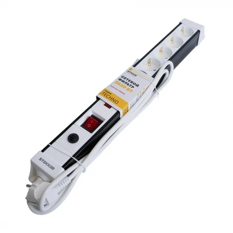 Сетевой фильтр 6-и местный с заземлением 5 метров (белый) Stekker Techno 50152