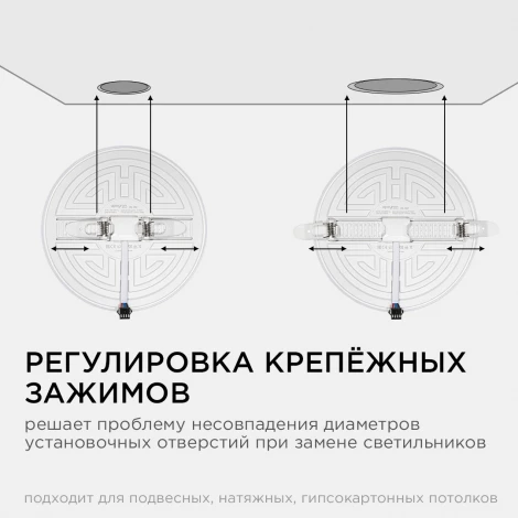 Встраиваемый светодиодный светильник безрамочный 24Вт (18Вт+6Вт) 2040Лм 4000К IP20 круг, 3 режима свечения, регулировка под посадочное отверстие 55-155мм, ал. корпус Apeyron 06-108