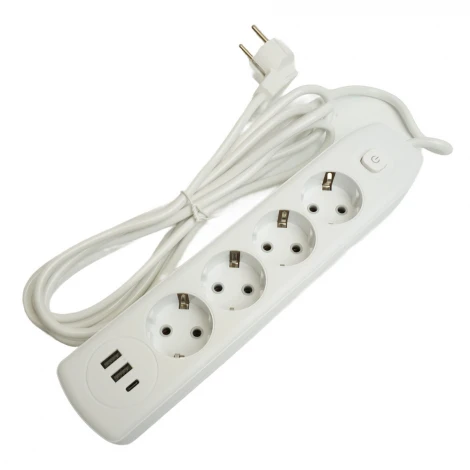 Удлинитель 4-х местный 2хUSB Type A+C 3 метра (белый) Stekker Home 49978