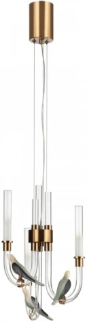 Подвесной светильник Odeon Light Lark 5431/6L золотой(под латунь)/белый градиент/беж./зеленый/ металл/стекло/керамикаLED 6W 4000K (220V, на тросе, птички)