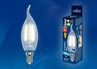 Лампочка светодиодная свеча на ветру прозрачная E14 6W 3000K Uniel LED-CW35-6W/WW/E14/FR PLS02WH