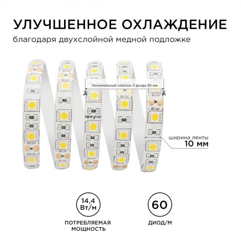 Светодиодная лента 12В СТ 14,4Вт/м SMD5050 60д/м IP65 700Лм/м ширина подложки 10мм, 5м 3000К Apeyron 00-11