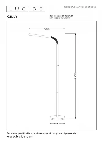 Торшер светодиодный с выключателем Lucide Gilly 36712/04/30