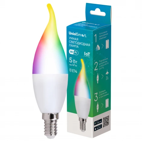Умная лампа светодиодная Wi-Fi Bluetooth, диммируемая, матовая, 2700-6500K+RGB, Голосовое управление приложение UnielSmart Uniel LED-CW37-5W/RGBW/E14/230V/WF/FR PLS80WH