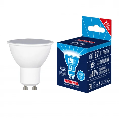 Лампа светодиодная, форма "JCDR", матовая, белый свет 4000K Volpe Norma LED-JCDR-13W/4000K/GU10/NR