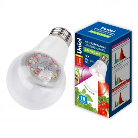 Лампа светодиодная для растений, прозрачная. три спектра для проращивания, роста и цветения Uniel LED-A60-10W/SPM3/E27/CL PLP35WH MULTIPLANT