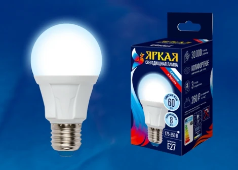 Лампочка светодиодная шар белая E27 8W 6500K Uniel LED-A60 8W/DW/E27/FR PLP01WH