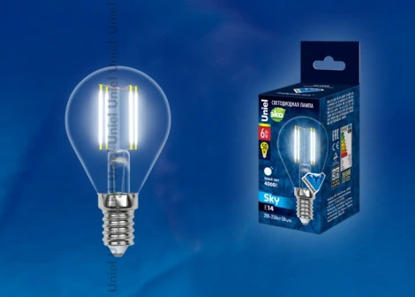 Лампочка светодиодная шар прозрачная E14 6W 4000K Uniel LED-G45-6W/NW/E14/CL PLS02WH
