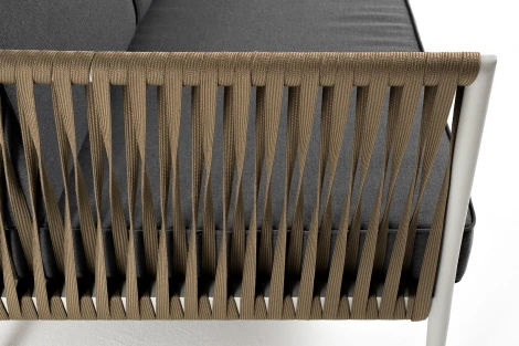 "Касабланка" диван 3-местный плетеный из роупа, каркас алюминий светло-серый (RAL7035) муар, роуп серо-коричневый 23мм, ткань серая 017 4SIS арт.УТ-00006210
