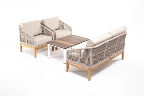 Лаунж-зона 4-ая из роупа со столиком Канны цвета дуб, основание дуб, роуп бежевый 4SIS Канны KANS2C2TJ-4-SET biege