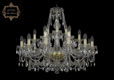 Подвесная большая люстра Art Classic 11.25 11.25.12+6+3.300.Gd.Sp (220V, хрусталь, на цепи, подсвечник, свеча)