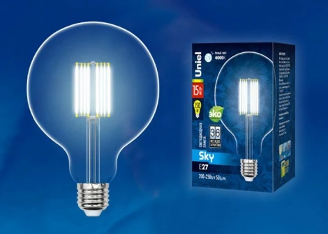 Лампочка светодиодная шар прозрачная E27 15W 4000K Uniel LED-G125-15W/4000K/E27/CL PLS02WH