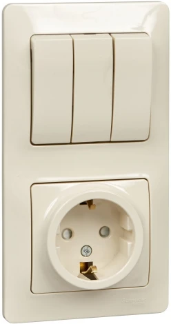 Розетка встраиваемая с заземлением с трехклавишным выключателем с подсветкой (Бежевый) Systeme Electric Glossa GSL000278