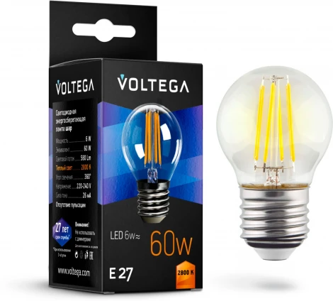 Лампочка светодиодная груша прозрачная колба E27 6 Вт 580 lm 2800K теплое желтое свечение Voltega Crystal 7023