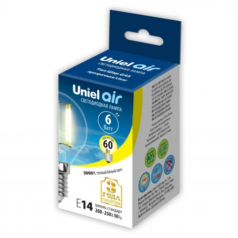 Лампочка светодиодная груша прозрачная E14 6W 3000K Uniel LED-G45-6W/WW/E14/CL GLA01TR