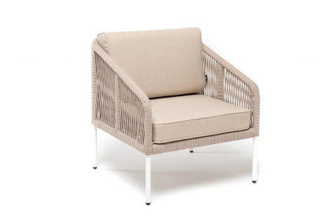 "Канны" кресло плетеное из роупа, каркас алюминий белый муар, роуп бежевый круглый, ткань бежевая 15052 4SIS арт.УТ-00009982