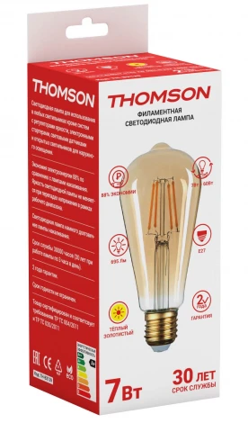 Лампочка светодиодная филаментная прозрачная груша E27 7W Thomson St64 TH-B2129