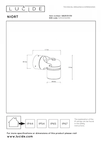 Настенный уличный светильник IP44 Lucide NIORT 14825/01/30