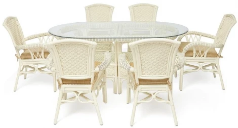 Комплект обеденный "ANDREA GRAND" (стол со стеклом+6 кресел+ подушки) TCH White (белый), Ткань рубчик, цвет кремовый Tetchair ANDREA GRAND 12427