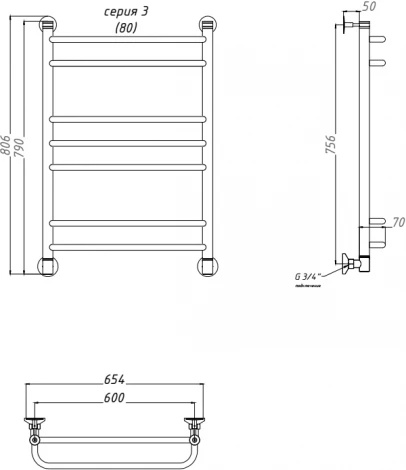 Полотенцесушитель водяной Тругор ЛЦ Идеал комби НП 3 80x60