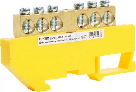 Шина заземления на изоляторе на DIN-рейку 6 выводов (желтый) Stekker 49552