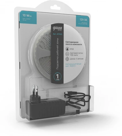 Светодиодная лента Gauss Basic BT043 LED 5050/60 12V 10W/m 700lm/m 4000K 10mm IP20 5m