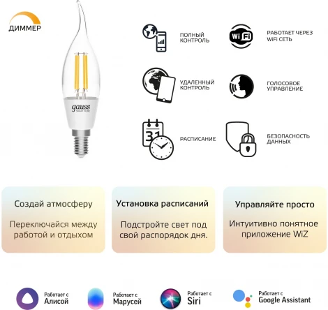 Умная лампочка светодиодная филаментная Gauss Smart Home 1260112