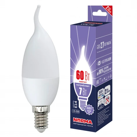 Лампа светодиодная, матовая, дневной белый свет 6500K Volpe Norma LED-CW37-7W/6500K/E14/FR/NR