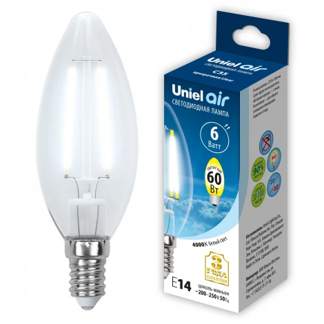 Лампочка светодиодная свеча прозрачная E14 6W 4000K Uniel LED-C35-6W/NW/E14/CL GLA01TR