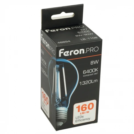 Лампа светодиодная филамент A60 шар 8W 175-265V E27 6400К Feron LB-1108 48894