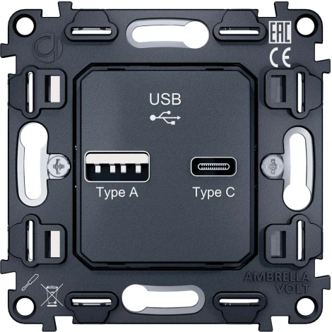 Механизм розетки Ambrella Volt 2USB A+C 20W быстрая зарядка QUANT VM177