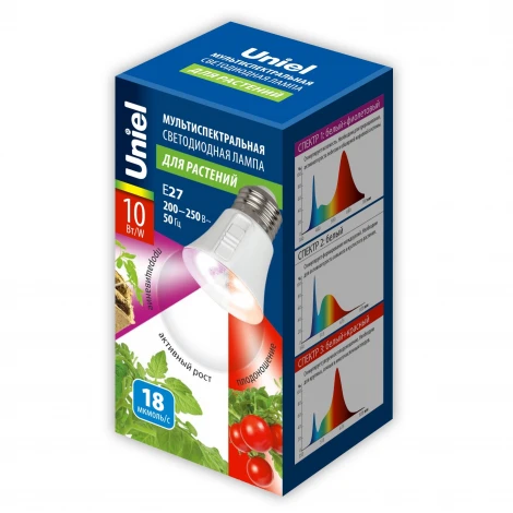 Лампа светодиодная для растений, прозрачная. три спектра для проращивания, роста и цветения Uniel LED-A60-10W/SPM3/E27/CL PLP35WH MULTIPLANT
