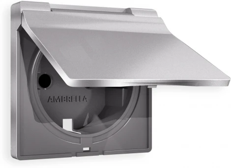 Лицевая панель Ambrella Volt ALFA (Сталь матовый) для электрической розетки с заземлением со шторками и крышкой IP44 QUANT