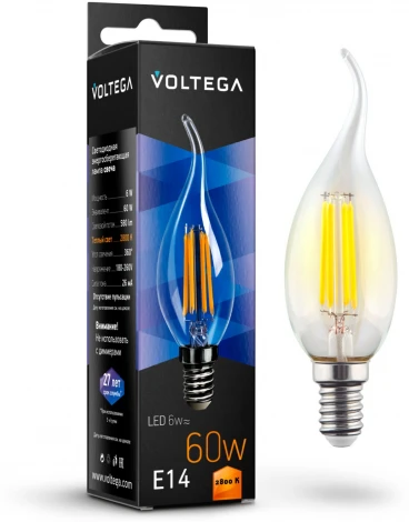 Лампочка светодиодная свеча на ветру прозрачная колба E14 6 Вт 580 lm 2800K теплое желтое свечение Voltega Crystal 7017