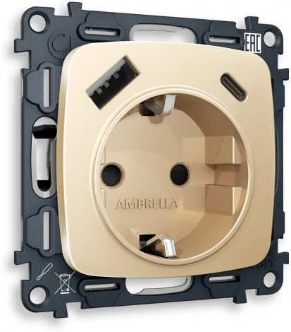 Комплект механизма Ambrella Volt электрической розетки OMEGA MO610010 Шампань 2USB A+C 20W быстрая зарядка с заземлением и шторками 2P+E 16A-250V QUANT