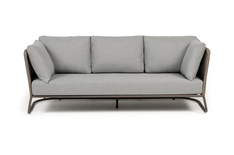 "Багамы" диван 3-местный плетеный из роупа, каркас алюминий бежево-серый (RAL7006) муар, роуп серо-коричневый 23мм, ткань светло-серая 4SIS арт.УТ-00009607