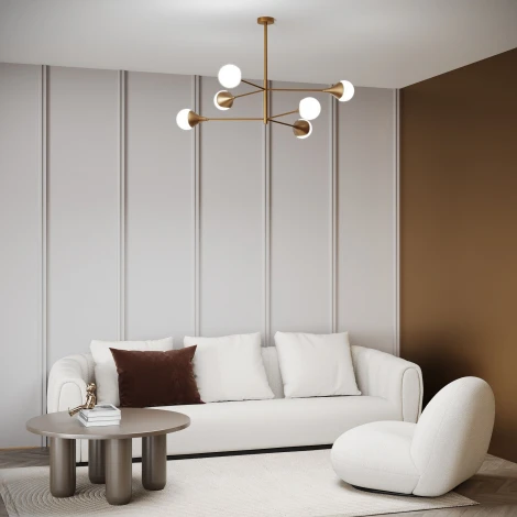 Потолочная люстра Wi-Fi на штанге Eurosvet Calyx 60168/6 латунь (220V, управление смартфоном, голосовое управление, умный дом - Minimir Home, Алиса, Маруся, Салют, шарики)