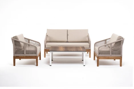 Лаунж-зона 4-ая из роупа со столиком Канны цвета дуб, основание дуб, роуп бежевый 4SIS Канны KANS2C2TJ-4-SET biege