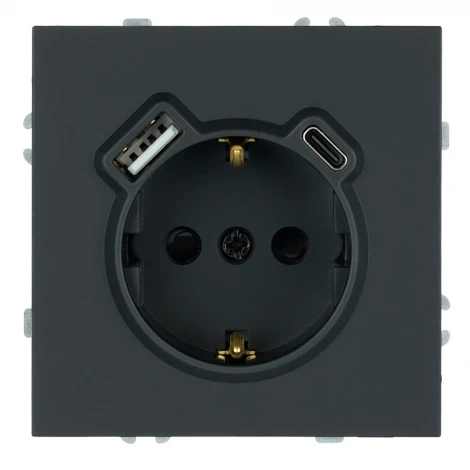 Розетка с заземлением и шторками с USB Type A+С (черный уголь, soft touch) Stekker Эмили 50218