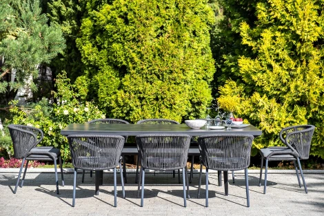 "Милан" стул плетеный из роупа, каркас алюминий темно-серый (RAL7024) муар, роуп темно-серый круглый, ткань темно-серая 027 4SIS арт.УТ-00006819