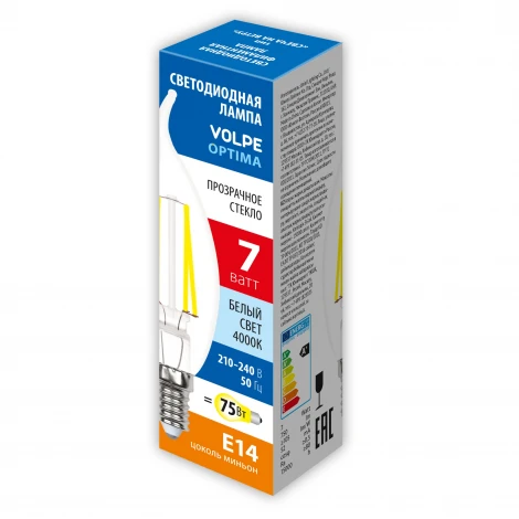 Лампа светодиодная, форма "свеча на ветру", прозрачная, белый свет 4000К Volpe Optima Филамент LED-CW35-7W/4000K/E14/CL/SLF