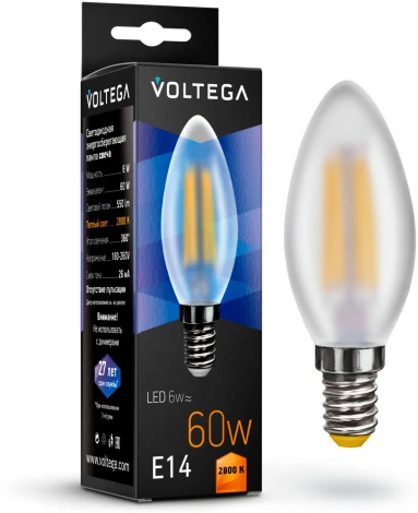 Лампочка светодиодная свеча белая колба E14 6 Вт 550 lm 2800K теплое желтое свечение Voltega Crystal 7044